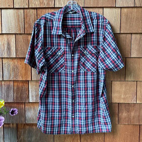 EUC The North Face Gray Plaid Snap Front Short Sleeve Shirt - Men's Large - Picture 1 of 9
